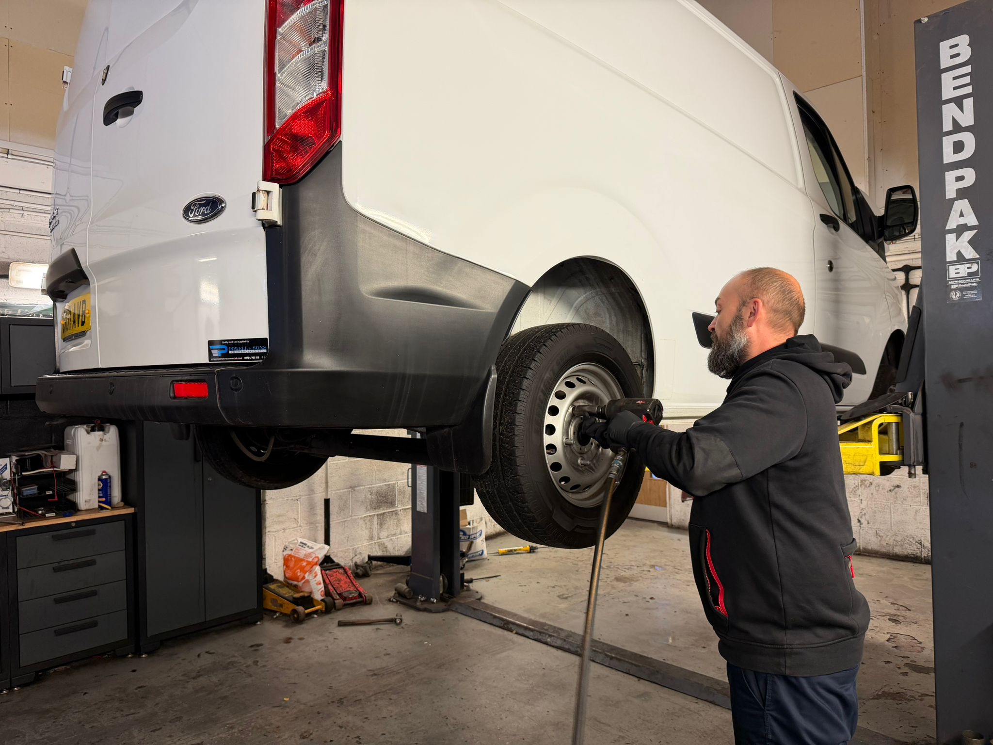 Wheel tyre replacement on a van at Border Garage in Wellow, Southampton